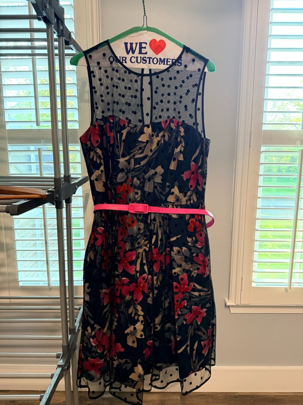 Eliza J Pink & Navy Floral w/Black Polka Dot Lace-Trim Dress